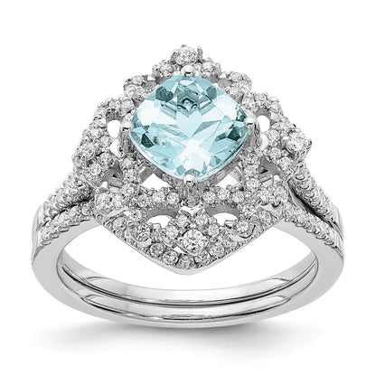 14K White Gold Blooming Bridal Vintage 7.00mm Cushion Cut Aquamarine And 1/3 Carat Diamond Complete Engagement Ring