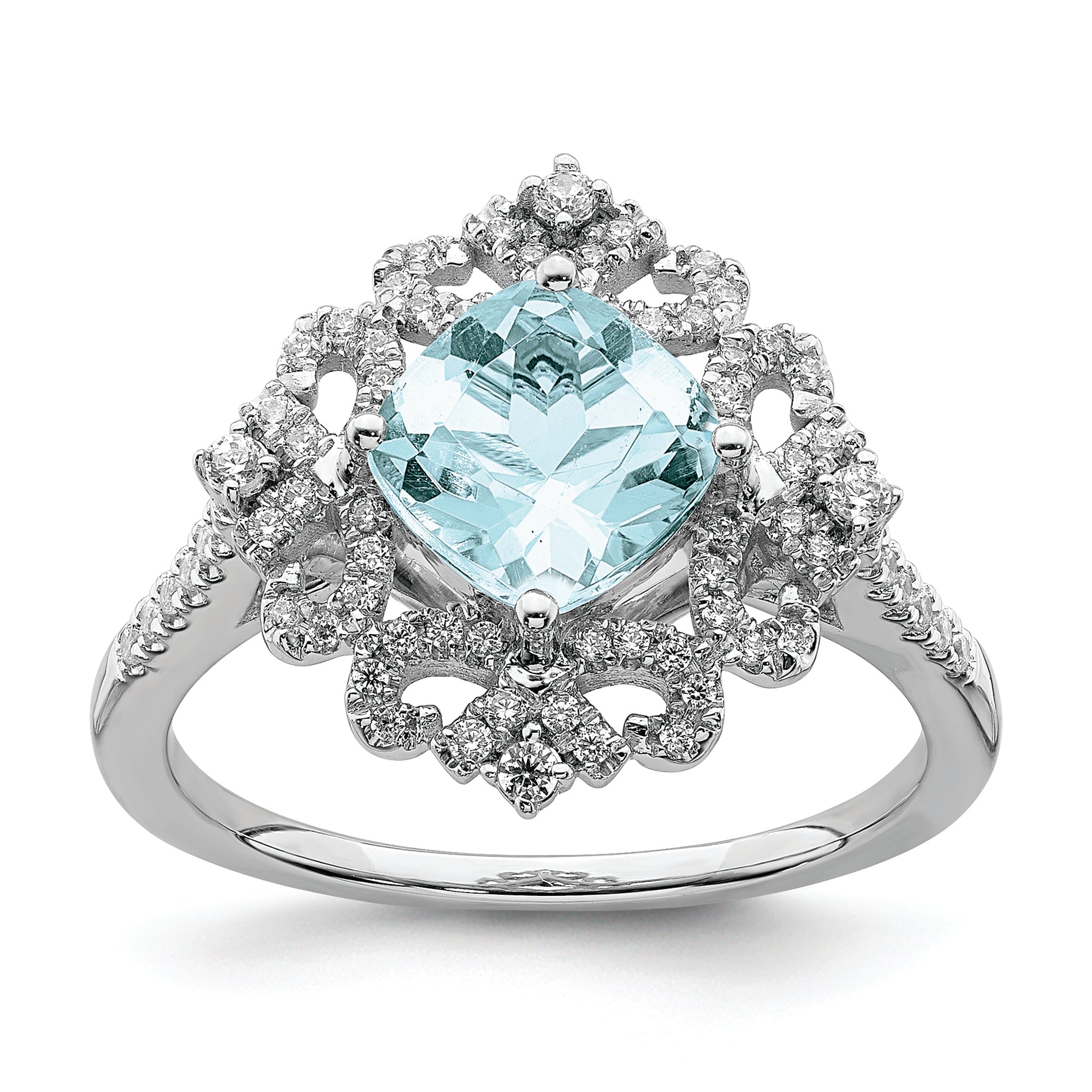 14K White Gold Blooming Bridal Vintage 7.00mm Cushion Cut Aquamarine And 1/3 Carat Diamond Complete Engagement Ring