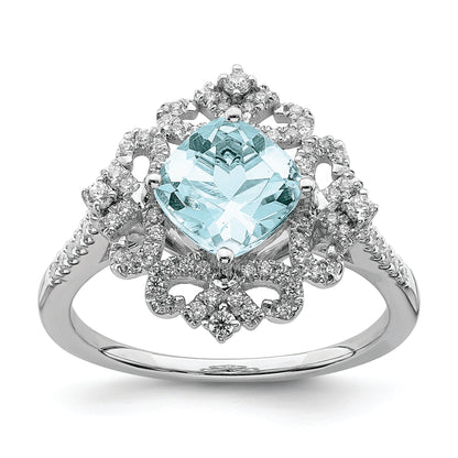14K White Gold Blooming Bridal Vintage 7.00mm Cushion Cut Aquamarine And 1/3 Carat Diamond Complete Engagement Ring