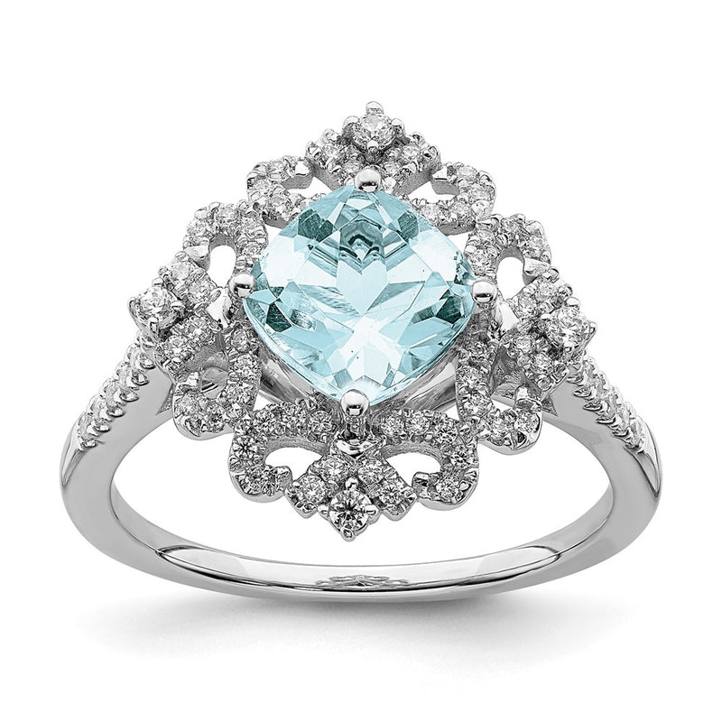 14K White Gold Blooming Bridal Vintage 7.00mm Cushion Cut Aquamarine And 1/3 Carat Diamond Complete Engagement Ring