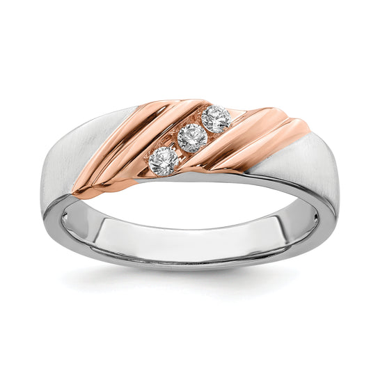 14K Two Tone Ibgoodman Rose And White Gold 1/6 Carat Lab Grown Diamond Vs/Si+ G+ Three Stone Complete Men'S Ring
