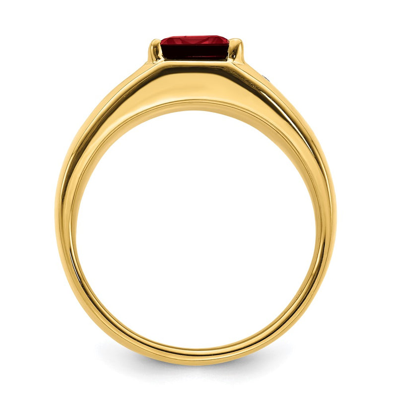 14K Yellow Gold Emerald-cut Created Ruby and Real Diamond Polished Mens Ring