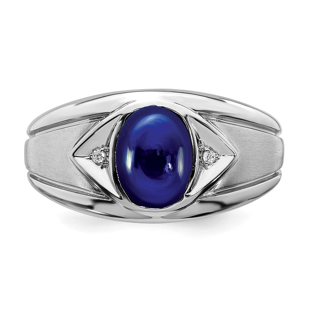 14k White Gold Created Sapphire and Real Diamond Mens Ring