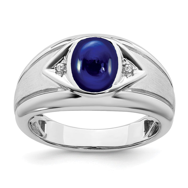 14k White Gold Created Sapphire and Real Diamond Mens Ring