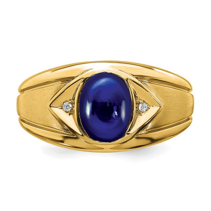 14K Yellow Gold Created Sapphire and Real Diamond Mens Ring