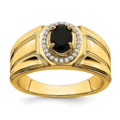 14K Yellow Gold Onyx and Real Diamond Mens Ring
