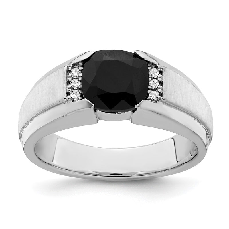 14k White Gold Onyx and Real Diamond Mens Ring