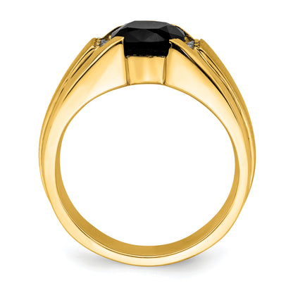14K Yellow Gold Onyx and Real Diamond Mens Ring