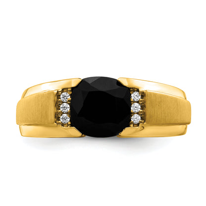 14K Yellow Gold Onyx and Real Diamond Mens Ring