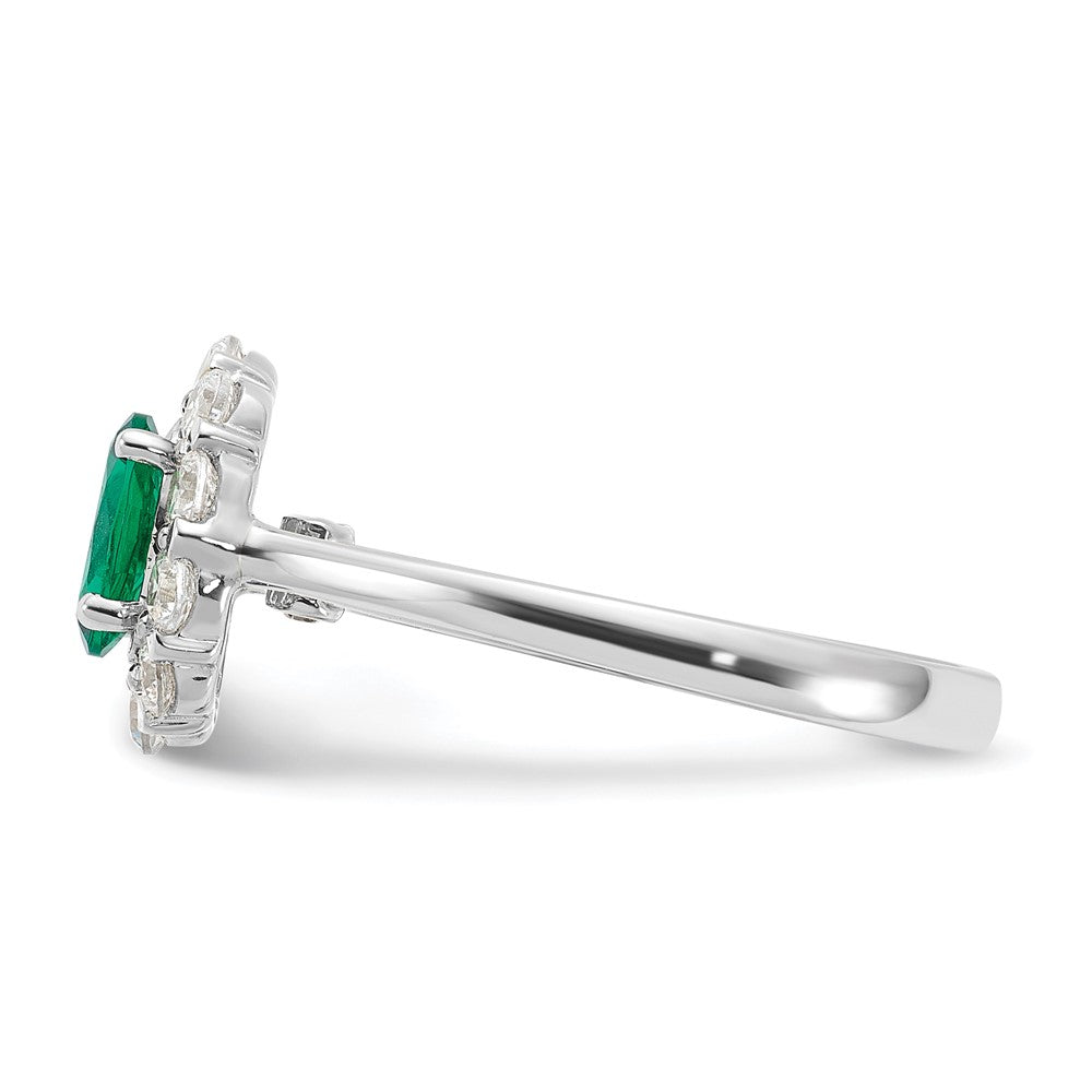 14k White Gold 5/8 Ct. Lab Grown Diamond VS/SI+ G+ and Oval Lab Created Emerald Halo Fashion Ring