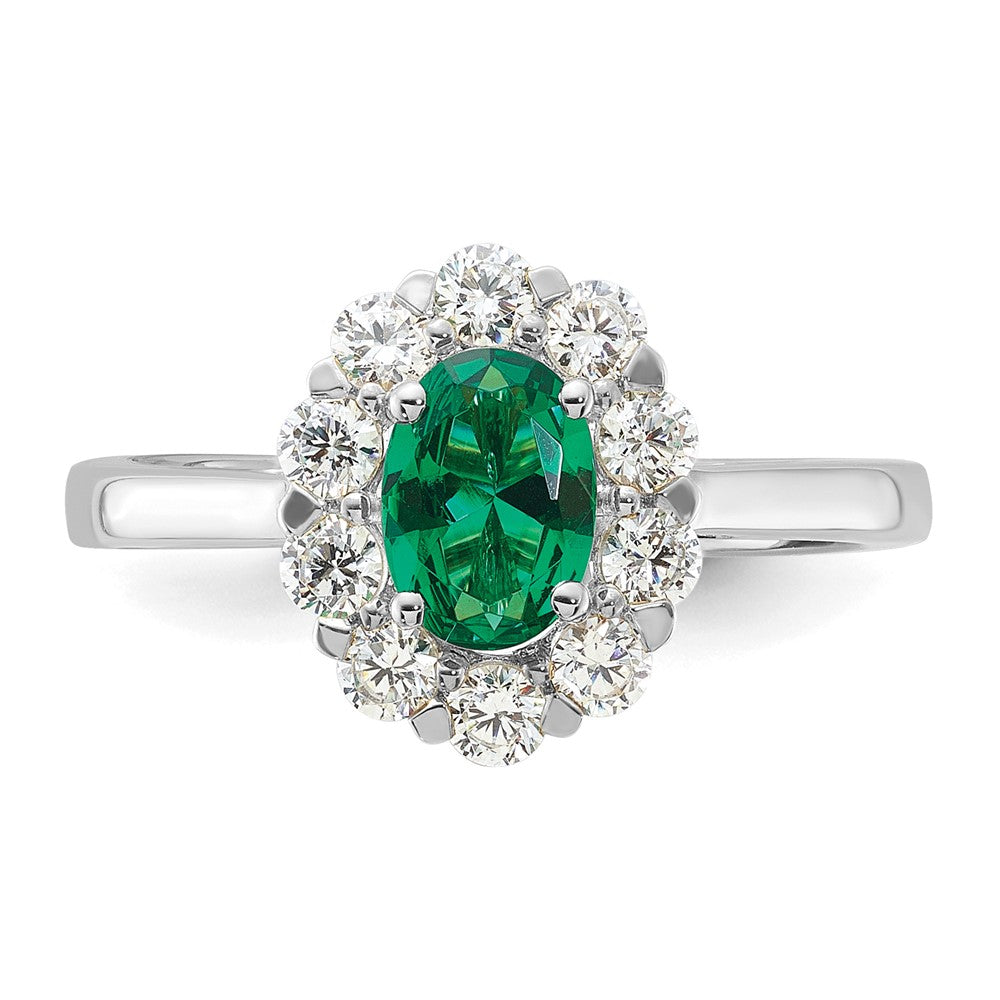 14k White Gold 5/8 Ct. Lab Grown Diamond VS/SI+ G+ and Oval Lab Created Emerald Halo Fashion Ring