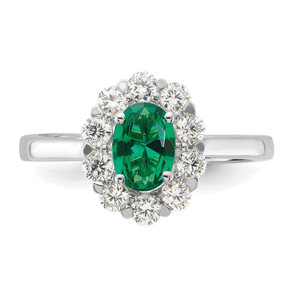 14k White Gold 5/8 Ct. Lab Grown Diamond VS/SI+ G+ and Oval Lab Created Emerald Halo Fashion Ring
