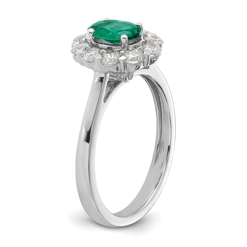 14k White Gold 5/8 Ct. Lab Grown Diamond VS/SI+ G+ and Oval Lab Created Emerald Halo Fashion Ring