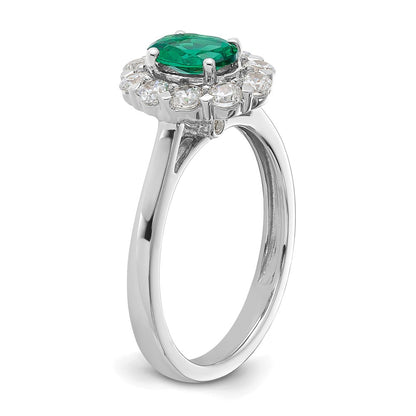 14k White Gold 5/8 Ct. Lab Grown Diamond VS/SI+ G+ and Oval Lab Created Emerald Halo Fashion Ring