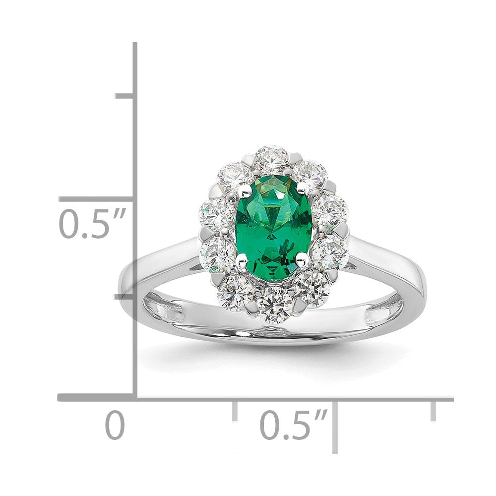 14k White Gold 5/8 Ct. Lab Grown Diamond VS/SI+ G+ and Oval Lab Created Emerald Halo Fashion Ring