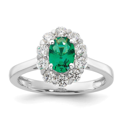 14k White Gold 5/8 Ct. Lab Grown Diamond VS/SI+ G+ and Oval Lab Created Emerald Halo Fashion Ring