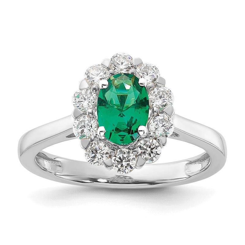 14k White Gold 5/8 Ct. Lab Grown Diamond VS/SI+ G+ and Oval Lab Created Emerald Halo Fashion Ring