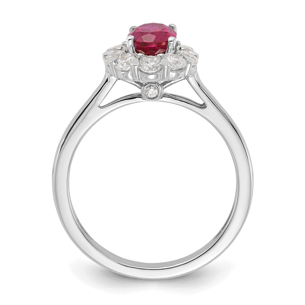 14k White Gold 5/8 Ct. Lab Grown Diamond VS/SI+ G+ and Oval Lab Created Ruby Halo Fashion Ring