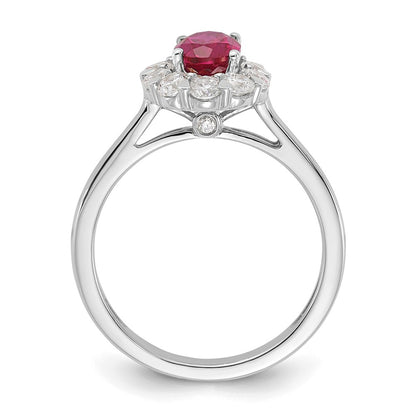 14k White Gold 5/8 Ct. Lab Grown Diamond VS/SI+ G+ and Oval Lab Created Ruby Halo Fashion Ring