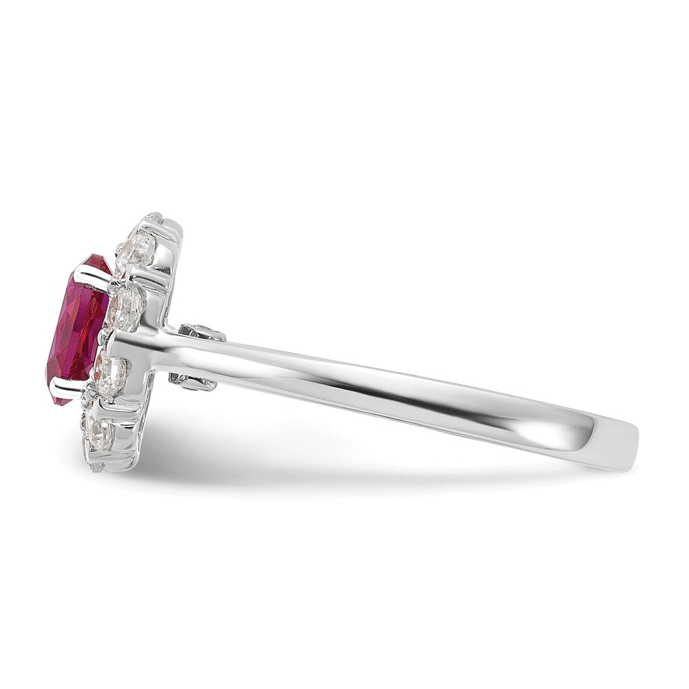 14k White Gold 5/8 Ct. Lab Grown Diamond VS/SI+ G+ and Oval Lab Created Ruby Halo Fashion Ring