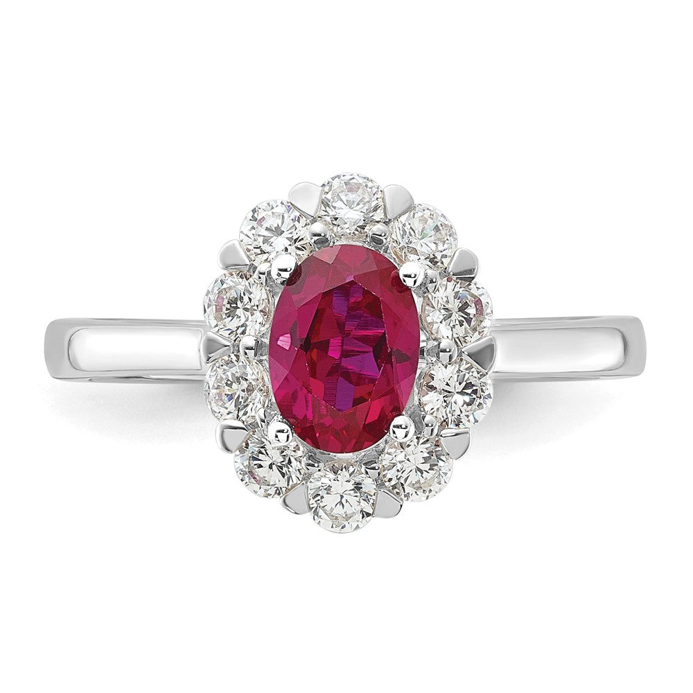 14k White Gold 5/8 Ct. Lab Grown Diamond VS/SI+ G+ and Oval Lab Created Ruby Halo Fashion Ring