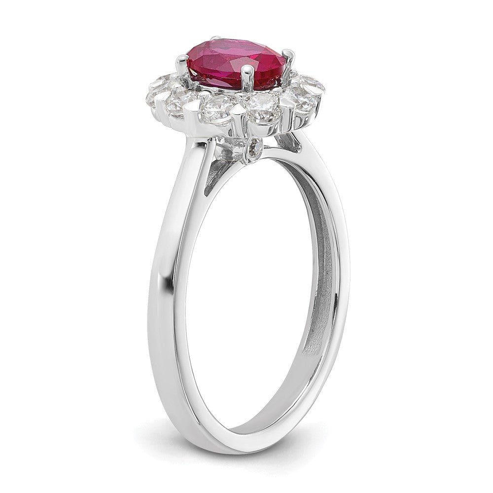 14k White Gold 5/8 Ct. Lab Grown Diamond VS/SI+ G+ and Oval Lab Created Ruby Halo Fashion Ring