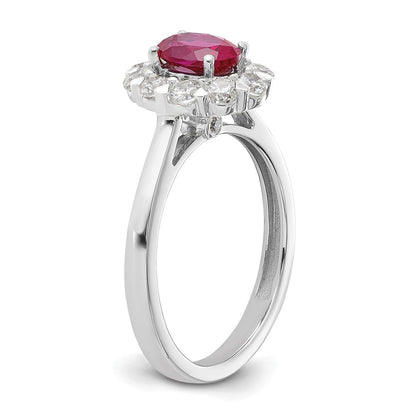 14k White Gold 5/8 Ct. Lab Grown Diamond VS/SI+ G+ and Oval Lab Created Ruby Halo Fashion Ring