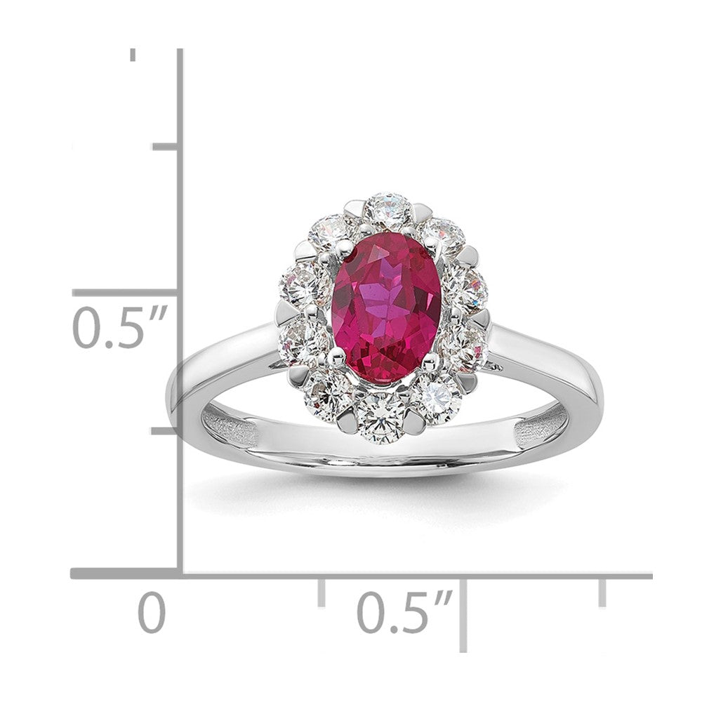 14k White Gold 5/8 Ct. Lab Grown Diamond VS/SI+ G+ and Oval Lab Created Ruby Halo Fashion Ring