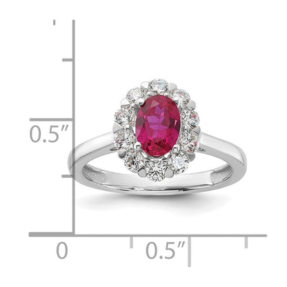 14k White Gold 5/8 Ct. Lab Grown Diamond VS/SI+ G+ and Oval Lab Created Ruby Halo Fashion Ring