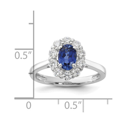 14k White Gold 5/8 Ct. Lab Grown Diamond VS/SI+ G+ and Oval Lab Created Blue Sapphire Halo Fashion Ring