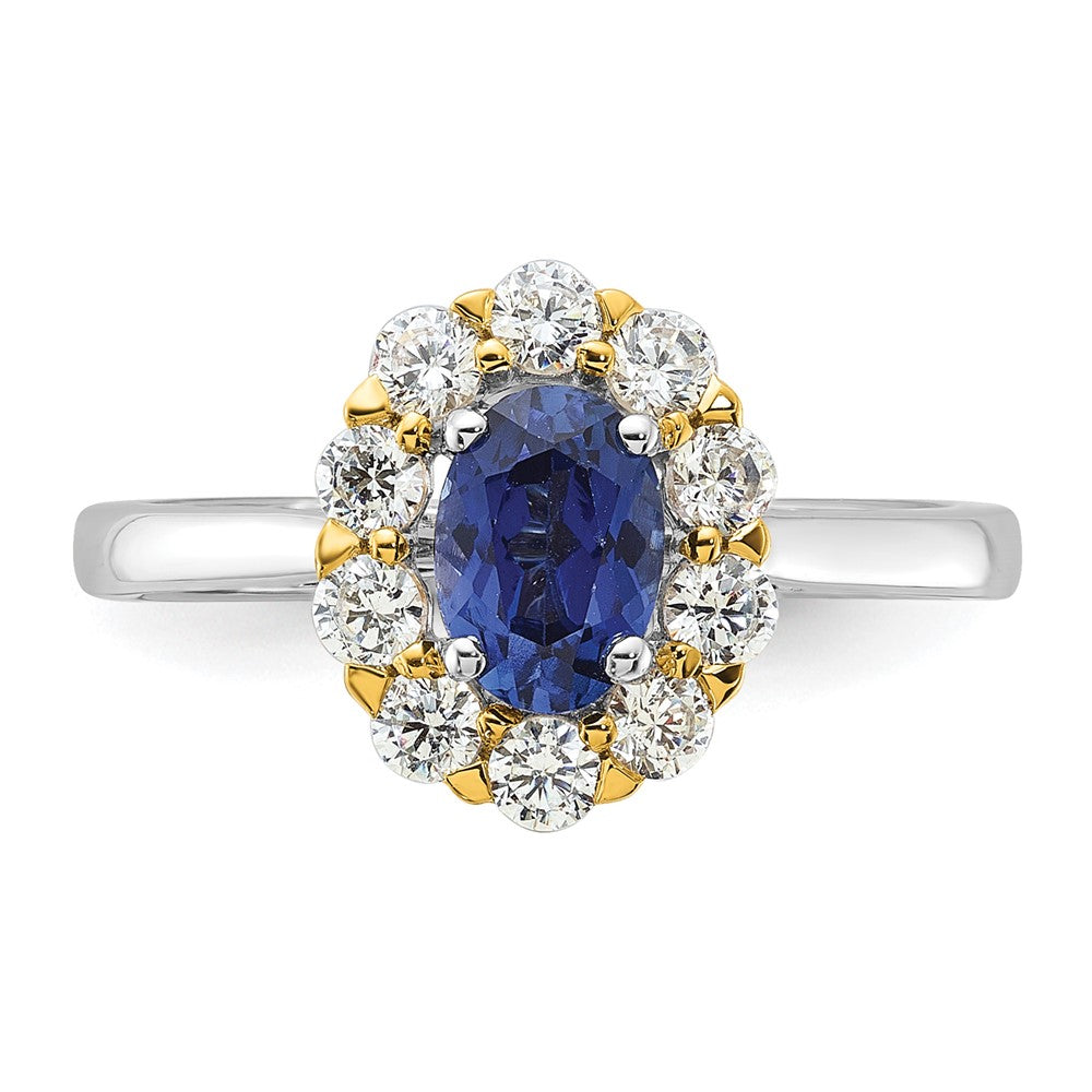 14k Two-Tone 5/8 Ct. Lab Grown Diamond VS/SI+ G+ and Oval Lab Created Blue Sapphire Halo Fashion Ring