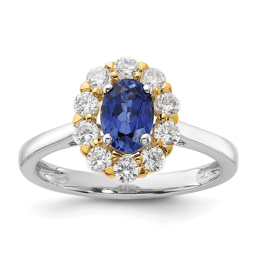 14k Two-Tone 5/8 Ct. Lab Grown Diamond VS/SI+ G+ and Oval Lab Created Blue Sapphire Halo Fashion Ring