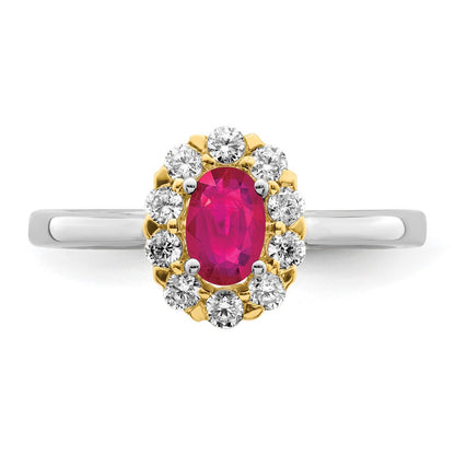 14k Two-Tone 5/8 Ct. Lab Grown Diamond VS/SI+ G+ and Oval Lab Created Ruby Halo Fashion Ring