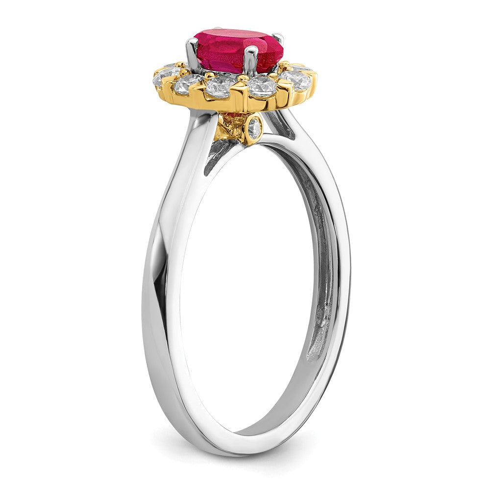 14k Two-Tone 5/8 Ct. Lab Grown Diamond VS/SI+ G+ and Oval Lab Created Ruby Halo Fashion Ring