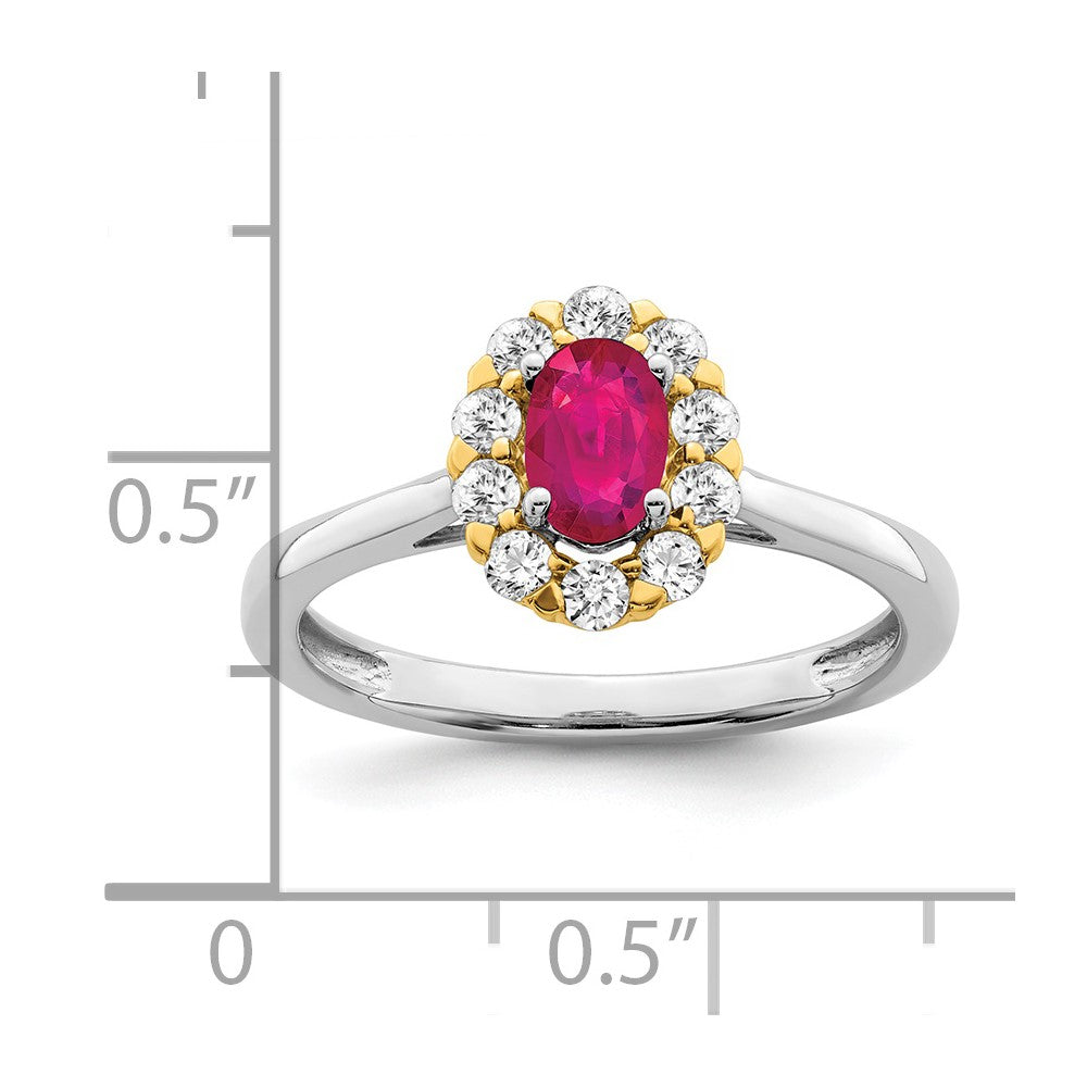 14k Two-Tone 5/8 Ct. Lab Grown Diamond VS/SI+ G+ and Oval Lab Created Ruby Halo Fashion Ring