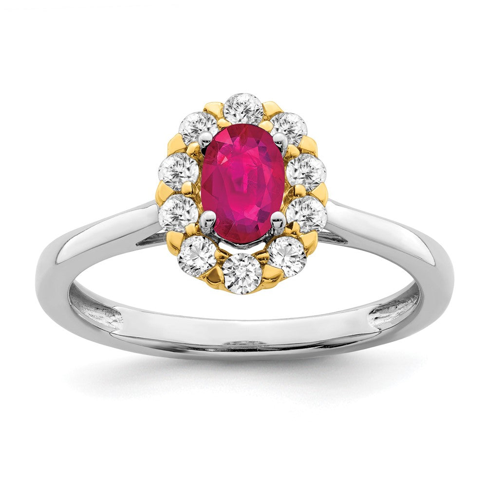 14k Two-Tone 5/8 Ct. Lab Grown Diamond VS/SI+ G+ and Oval Lab Created Ruby Halo Fashion Ring