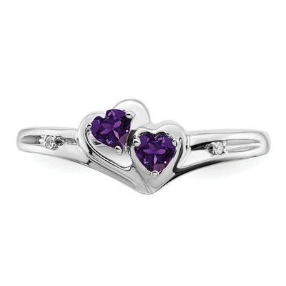 10K White Gold Amethyst And Diamond 2-Stone Heart Ring