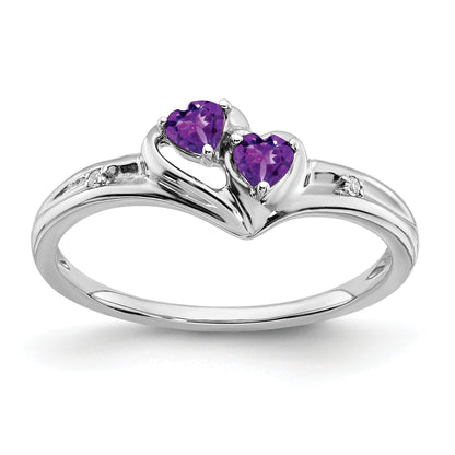 10K White Gold Amethyst And Diamond 2-Stone Heart Ring