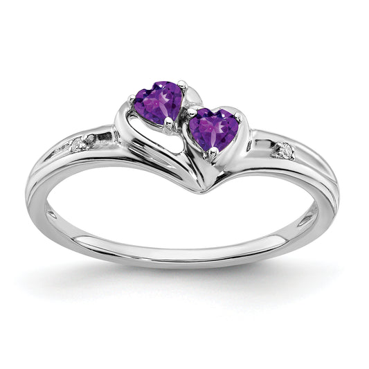 10K White Gold Amethyst And Diamond 2-Stone Heart Ring