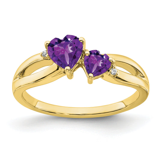 10K Yellow Gold Amethyst And Diamond 2-Stone Heart Ring
