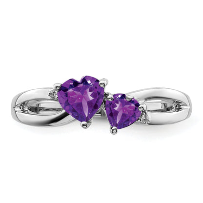 10K White Gold Amethyst And Diamond 2-Stone Heart Ring