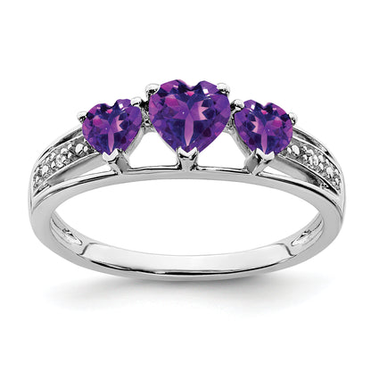 10K White Gold 3 Stone Amethyst And Diamond Heart Ring