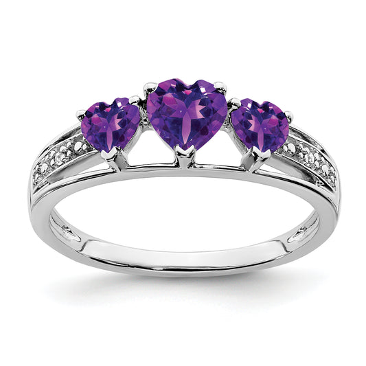 10K White Gold 3 Stone Amethyst And Diamond Heart Ring