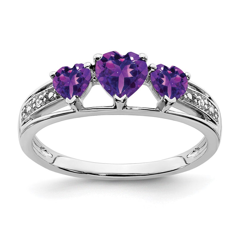 10K White Gold 3 Stone Amethyst And Diamond Heart Ring