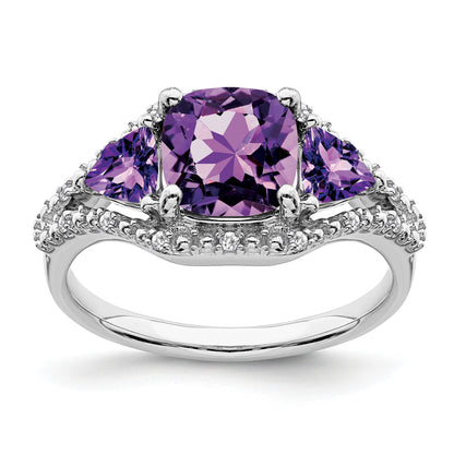 10K White Gold 3 Stone Amethyst And Diamond Ring