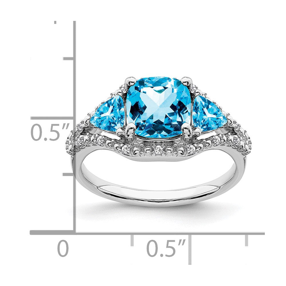 10K White Gold 3 Stone Blue Topaz And Diamond Ring