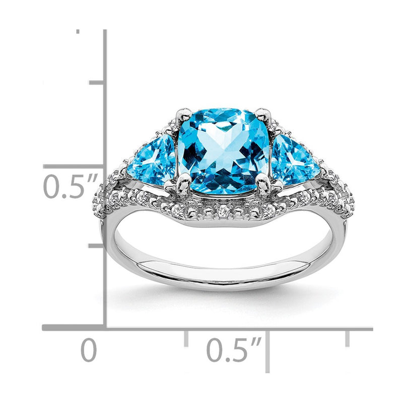 10K White Gold 3 Stone Blue Topaz And Diamond Ring
