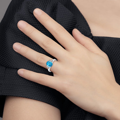 14k White Gold Oval Blue Topaz and Real Diamond Ring
