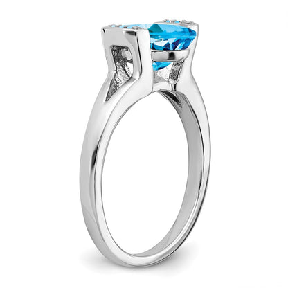 14k White Gold Oval Blue Topaz and Real Diamond Ring