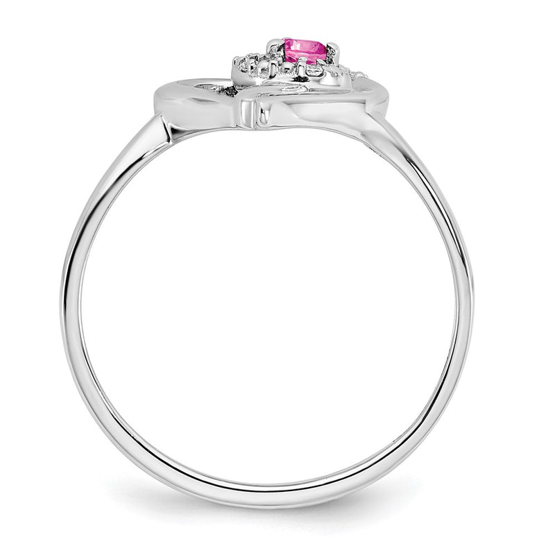 14k White Gold Created Pink Sapphire and Real Diamond Heart Ring